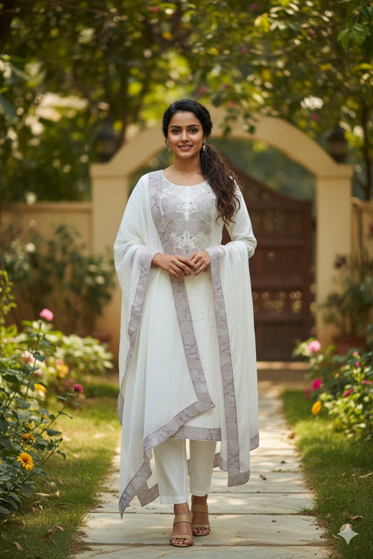 Elegant White Chiffon Anarkali Suit with Subtle Silver Embroidery