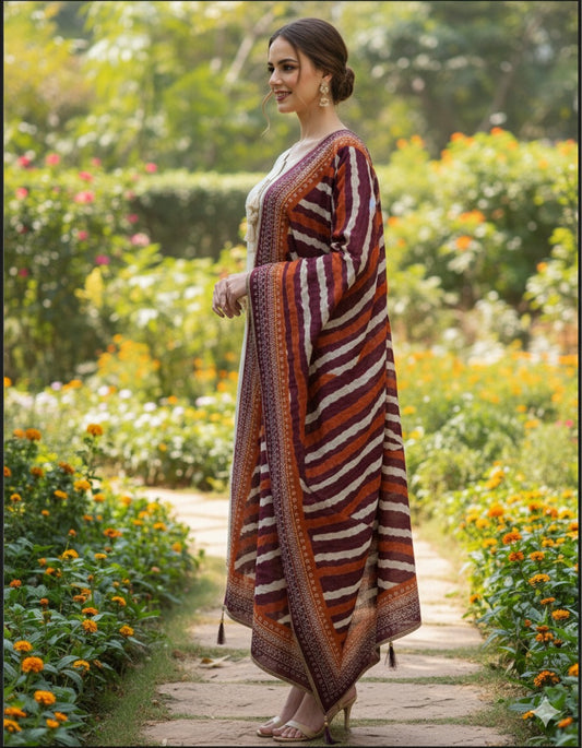 Rust and Maroon Striped Wool Shawl Set with Subtle Embellished Detailing