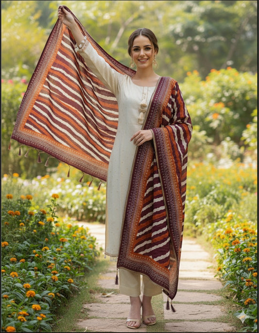 Rust and Maroon Striped Wool Shawl Set with Subtle Embellished Detailing