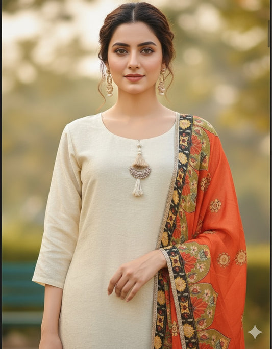 Ivory Embroidered Suit Set with Burnt Orange Printed Dupatta