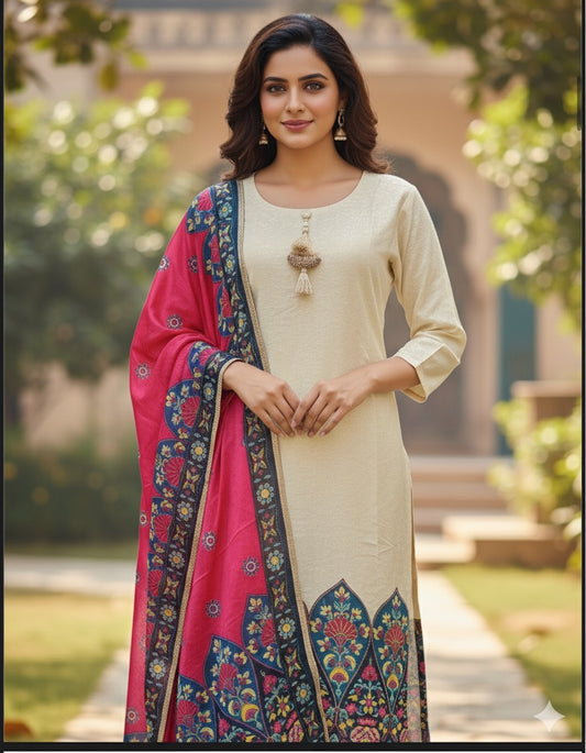 Ivory Embroidered Suit Set with Magenta Printed Dupatta