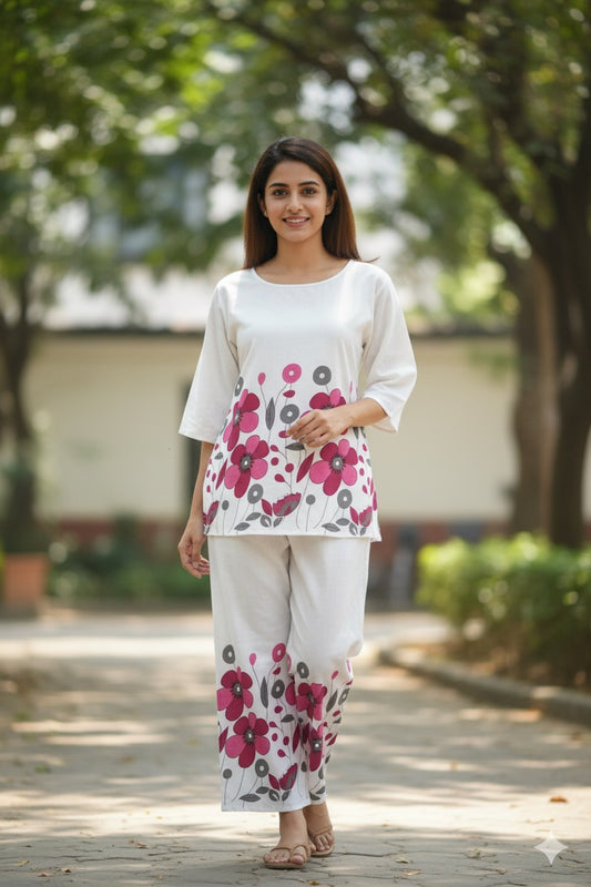 White Cotton Co-ord Set with Pink and Grey Floral Print