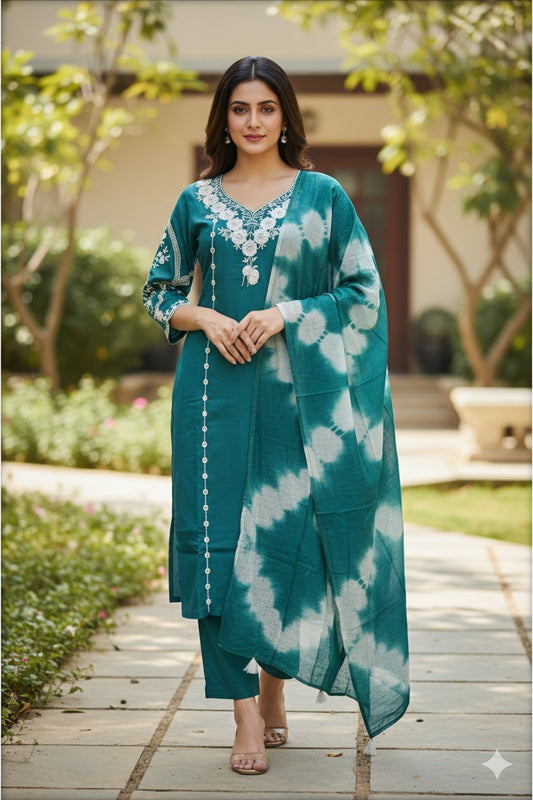Teal and White Tie-Dye Kurta Set with Flowing Dupatta