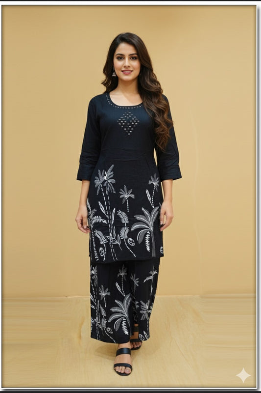 Black Printed Co-ord Set with White Palm Motifs