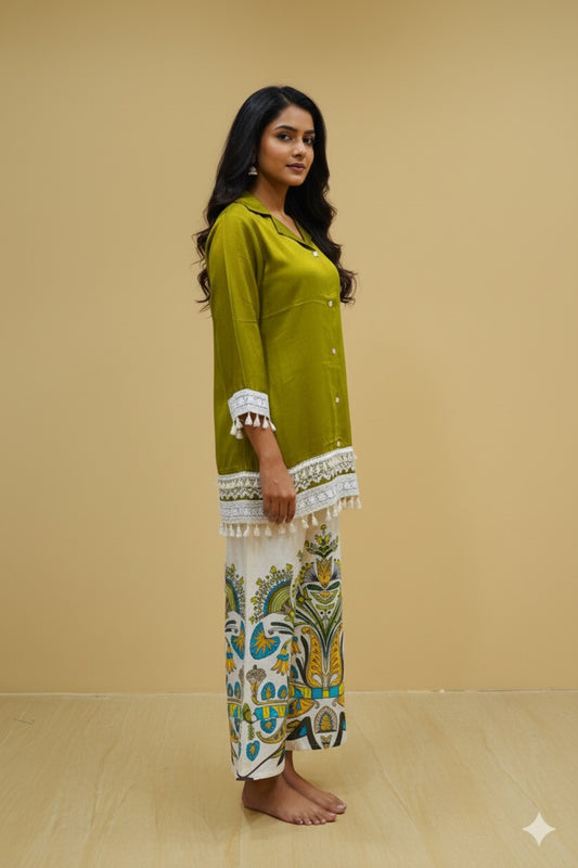 Olive Satin Kurta with Ivory Peacock-Print Palazzo