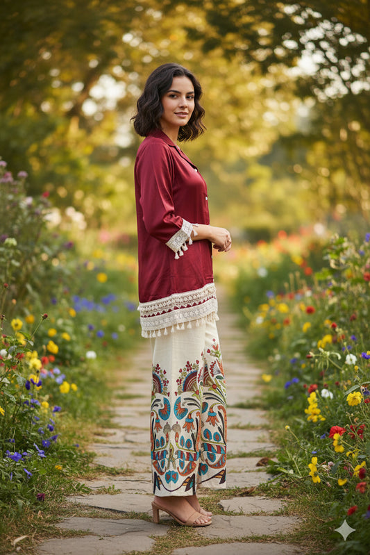 Maroon Satin Kurta with Ivory Printed Palazzo