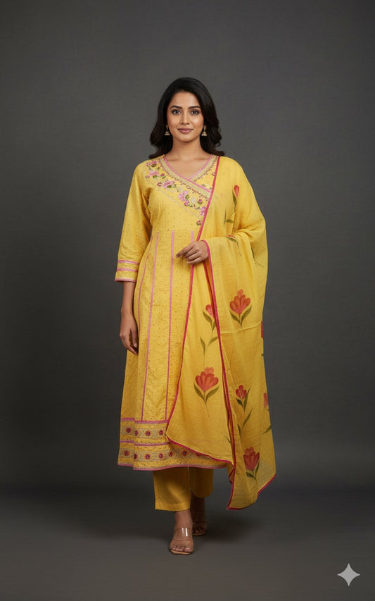 Sunflower Yellow Embroidered Kurta Set with Floral Dupatta