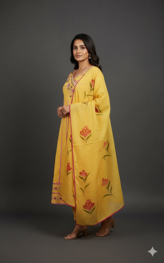 Sunflower Yellow Embroidered Kurta Set with Floral Dupatta