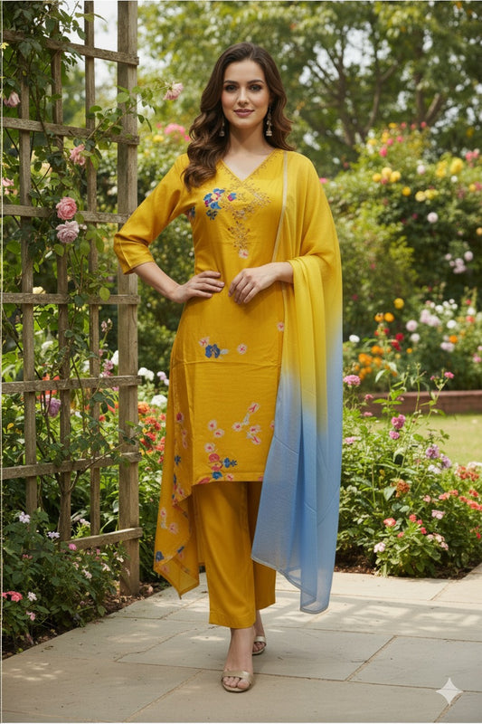 Mustard Floral Embroidered Suit Set with Ombre Blue Dupatta