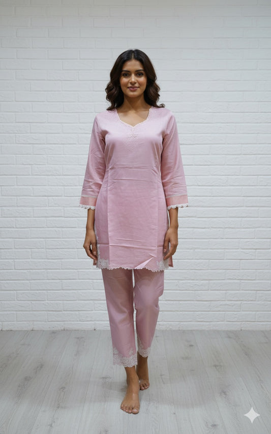 Blush Pink Cotton Kurta Set with Lace Detailing