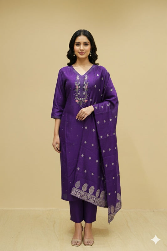Royal Purple Embroidered Suit Set with Woven Dupatta