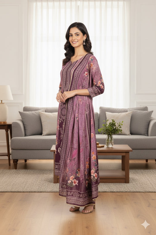 Plum Printed Suit Set with Floral Dupatta
