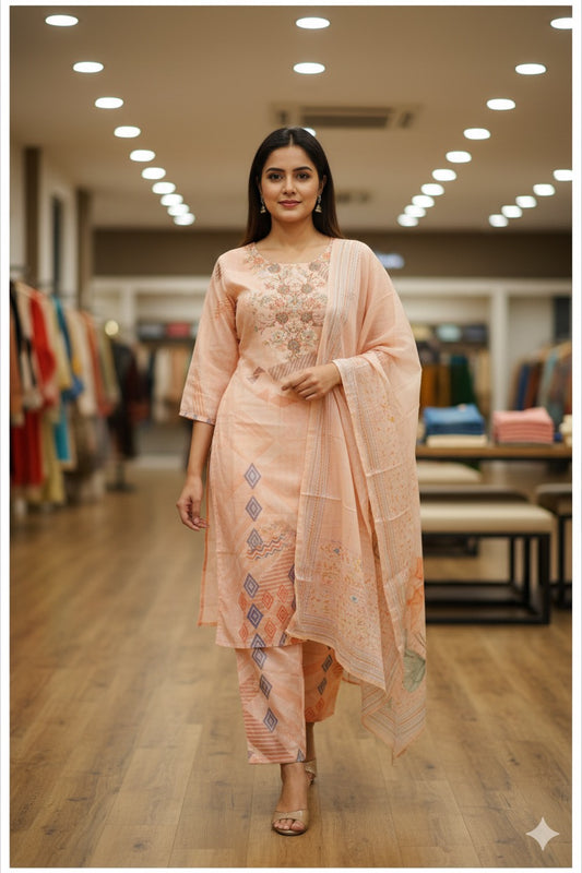Peach Printed Cotton Suit Set with Subtle Geometric Detailing