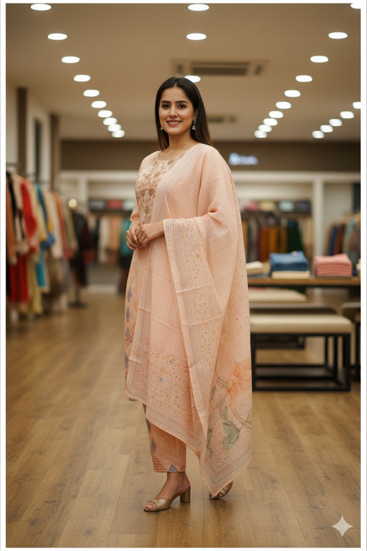 Peach Printed Cotton Suit Set with Subtle Geometric Detailing
