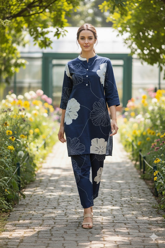 Navy Blue Co-ord Set with Oversized Floral Print