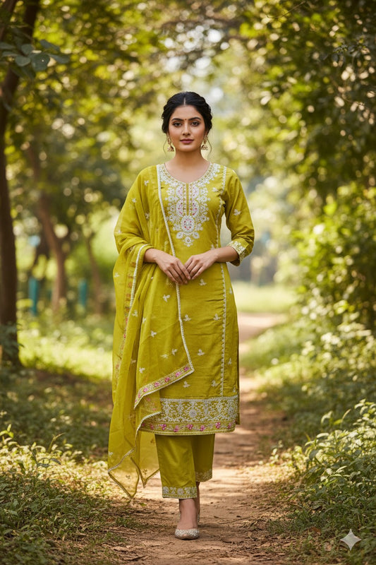 Olive Green Embroidered Suit Set with Mirror Work Detailing