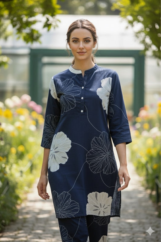 Navy Blue Co-ord Set with Oversized Floral Print