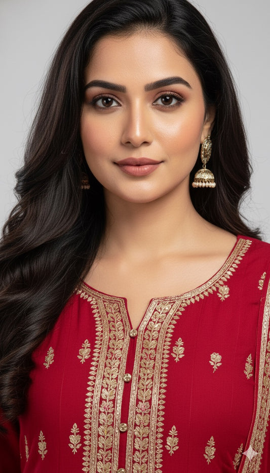 Crimson Red Anarkali Suit Set with Golden Embroidery