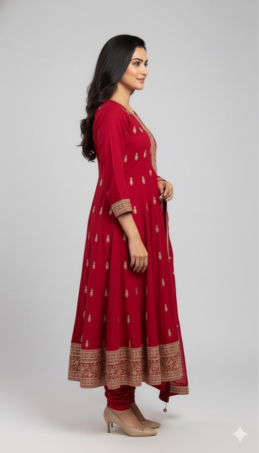 Crimson Red Anarkali Suit Set with Golden Embroidery