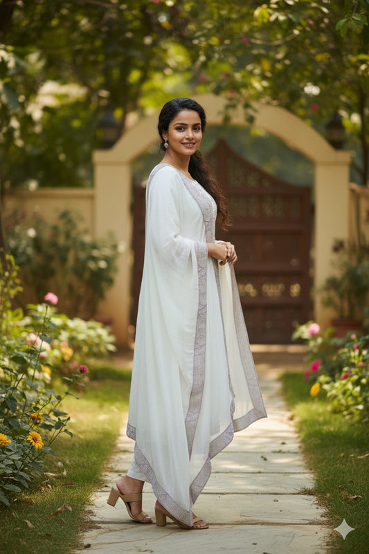 Elegant White Chiffon Anarkali Suit with Subtle Silver Embroidery