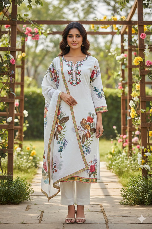 Ivory Linen Kurta Set with Vibrant Floral Embroidery