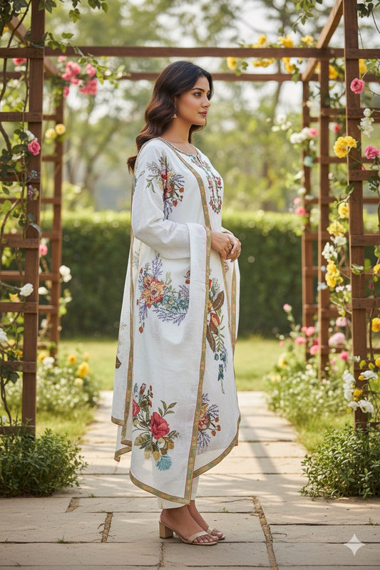 Ivory Linen Kurta Set with Vibrant Floral Embroidery