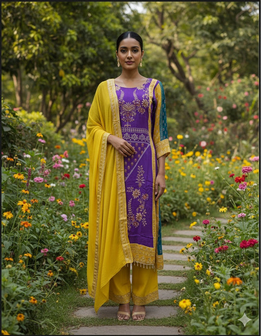 Royal Purple and Mustard Embroidered Suit Set