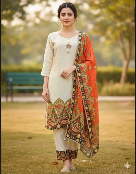 Ivory Embroidered Suit Set with Burnt Orange Printed Dupatta