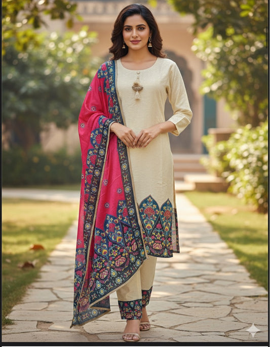 Ivory Embroidered Suit Set with Magenta Printed Dupatta
