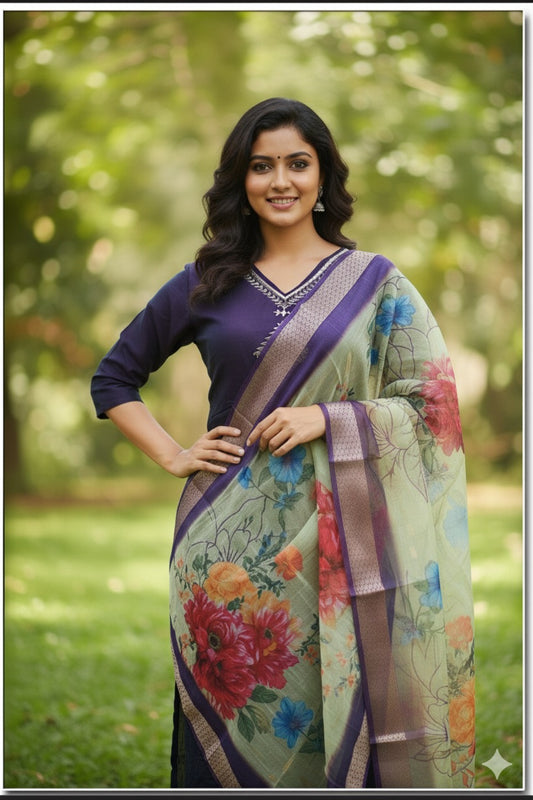 Navy Blue Kurta Set with Pastel Floral Printed Dupatta