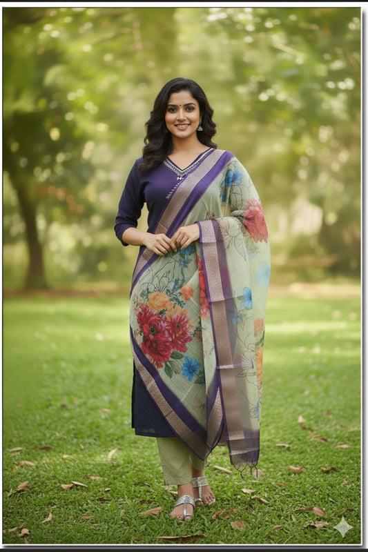 Navy Blue Kurta Set with Pastel Floral Printed Dupatta