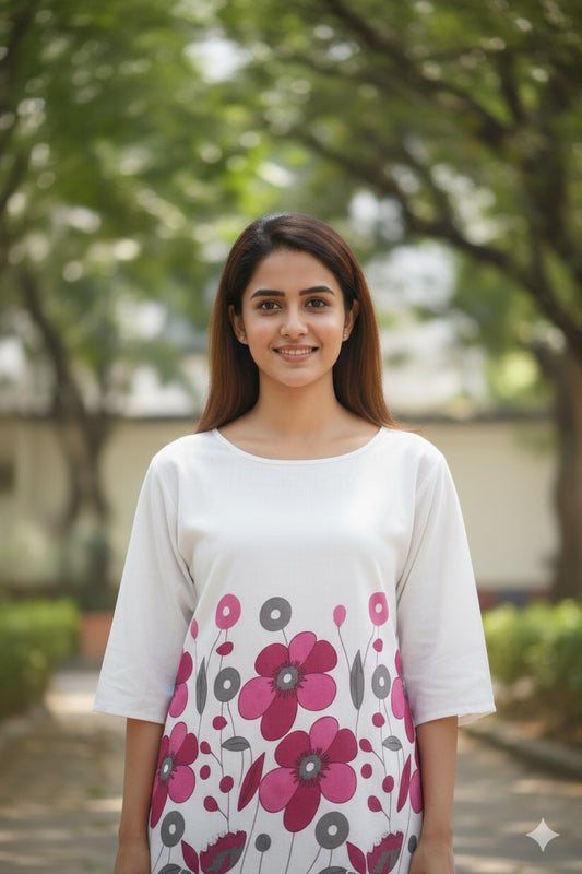 White Cotton Co-ord Set with Pink and Grey Floral Print