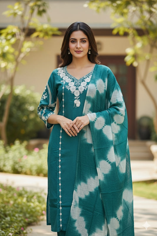 Teal and White Tie-Dye Kurta Set with Flowing Dupatta
