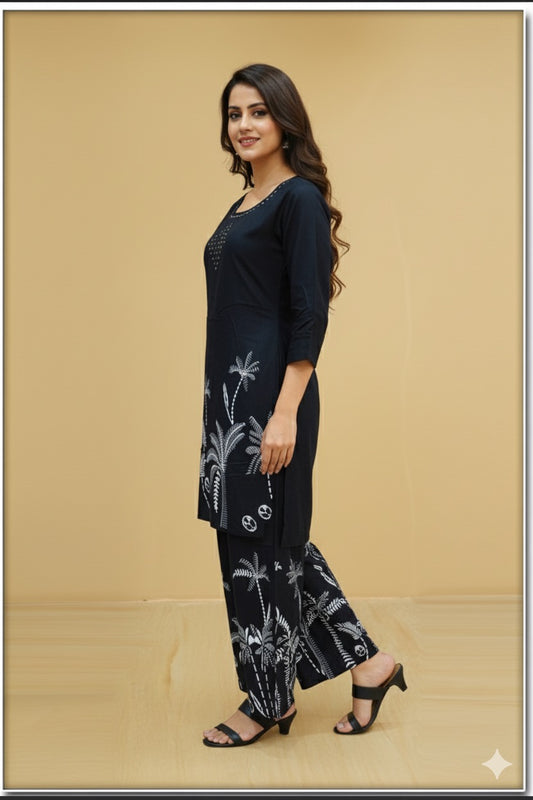 Black Printed Co-ord Set with White Palm Motifs