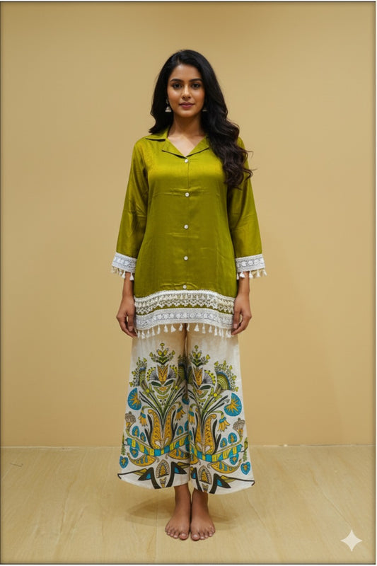 Olive Satin Kurta with Ivory Peacock-Print Palazzo