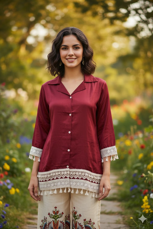 Maroon Satin Kurta with Ivory Printed Palazzo