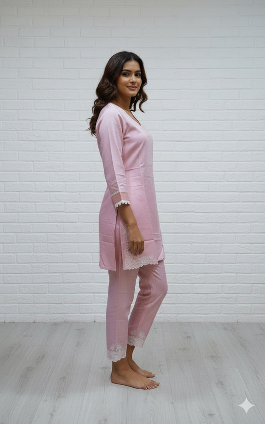 Blush Pink Cotton Kurta Set with Lace Detailing