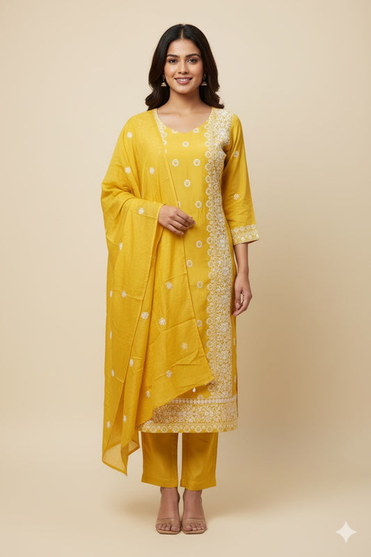 Golden Mustard Embroidered Cotton Suit Set