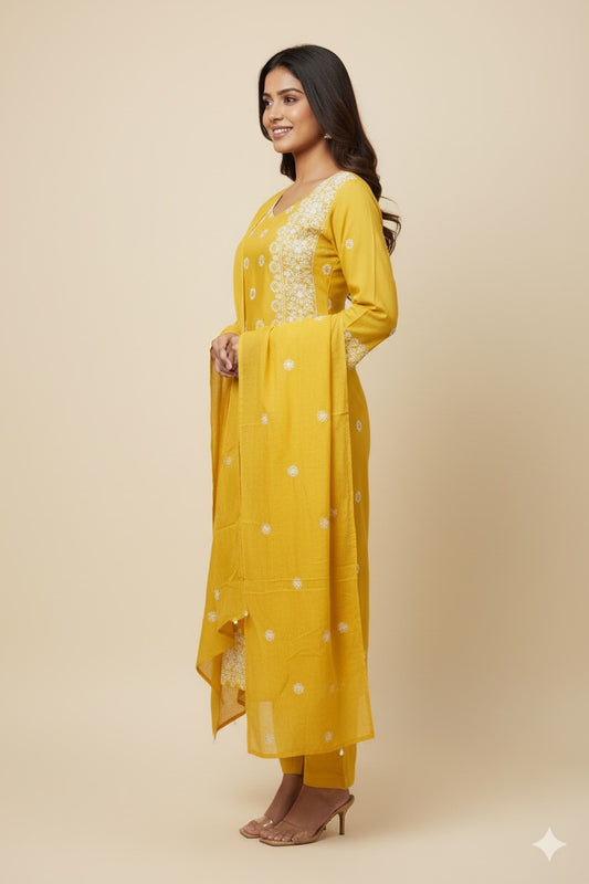 Golden Mustard Embroidered Cotton Suit Set