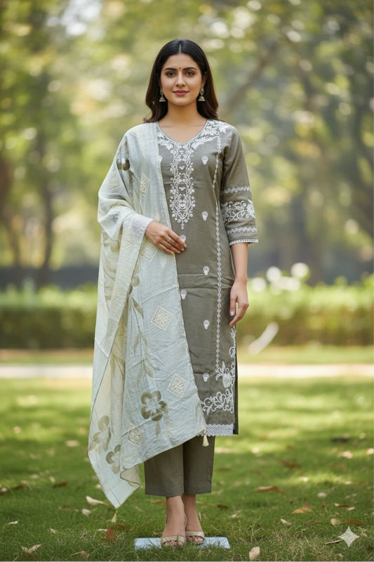 Sage Green Embroidered Suit Set with Subtle Printed Dupatta