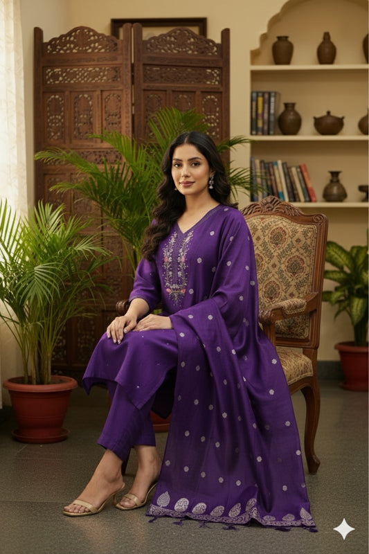 Royal Purple Embroidered Suit Set with Woven Dupatta