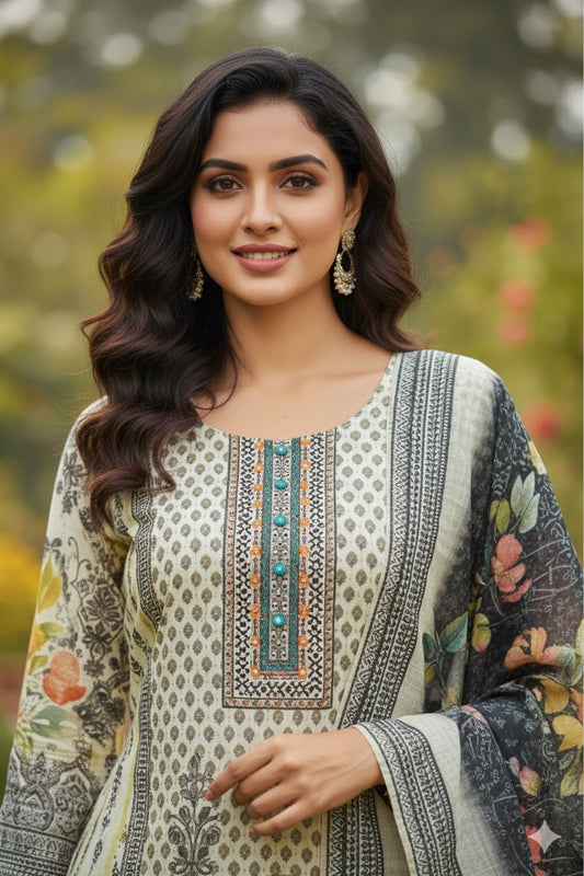 Ivory and Charcoal Floral Printed Suit Set