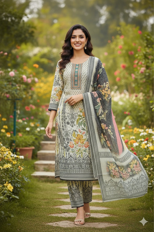Ivory and Charcoal Floral Printed Suit Set
