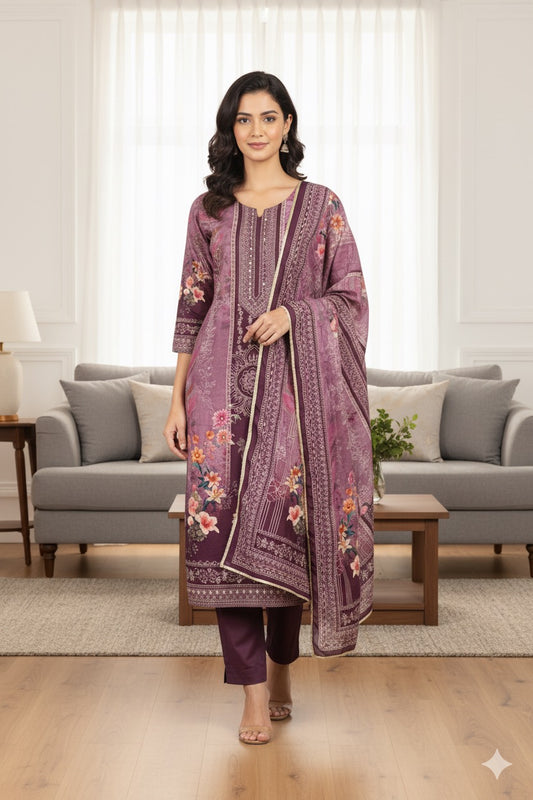 Plum Printed Suit Set with Floral Dupatta