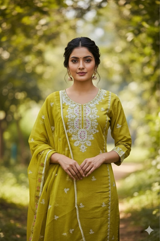 Olive Green Embroidered Suit Set with Mirror Work Detailing