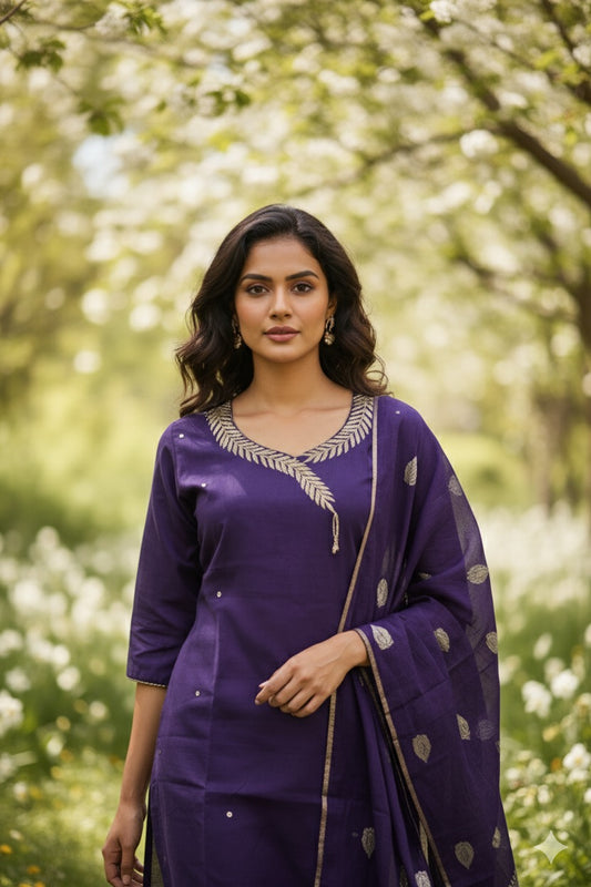 Deep Purple Embroidered Suit Set with Zari Dupatta