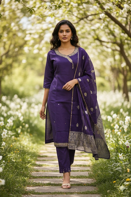 Deep Purple Embroidered Suit Set with Zari Dupatta